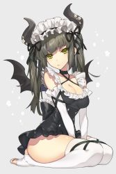 Rule 34 | 1girl, bat wings, between legs, black choker, black dress, black ribbon, breasts, buttons, choker, cleavage, closed mouth, criss-cross halter, double-breasted, dress, elbow gloves, floral background, frilled hairband, frills, from side, gloves, green eyes, green hair, grey background, grey hair, hair ribbon, hairband, halterneck, hand between legs, head tilt, highres, horns, looking at viewer, looking to the side, maid, maid headdress, medium breasts, no shoes, original, quad tails, ribbon, samei ikusa, seiza, sitting, solo, spread wings, stirrup legwear, thighhighs, toeless legwear, white gloves, white thighhighs, wings