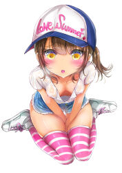 Rule 34 | 1girl, absurdres, baseball cap, between legs, blue eyes, blue hat, blue shorts, blush, breasts, brown hair, clothes writing, collarbone, covered erect nipples, cross-laced footwear, denim, denim shorts, downblouse, embarrassed, english text, female focus, hand between legs, hat, have to pee, heart, highres, looking at viewer, medium hair, multicolored eyes, ninyo (user pddg5877), nipples, no bra, open mouth, original, own hands together, pink thighhighs, ponytail, raised eyebrows, saliva, see-through, see-through shirt, shiny skin, shirt, shoes, short shorts, short sleeves, shorts, sidelocks, simple background, skindentation, small breasts, solo, striped clothes, striped thighhighs, tears, teeth, thighhighs, thighs, tongue, v arms, wet, wet clothes, wet shirt, white background, white footwear, white shirt, yellow eyes