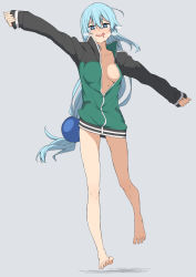 Rule 34 | 1girl, alternate hairstyle, aqua (konosuba), bad id, bad twitter id, barefoot, black jacket, blue eyes, blue hair, borrowed clothes, breasts, collarbone, drooling, full body, green jacket, grey background, hair between eyes, hair ornament, heart, heart-shaped pupils, heavy breathing, jacket, kono subarashii sekai ni shukufuku wo!, long hair, long sleeves, looking at viewer, mouth drool, naked jacket, open mouth, outstretched arms, raised eyebrows, salpin, simple background, sleeves past wrists, smile, solo, sweat, symbol-shaped pupils