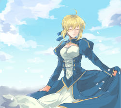 Rule 34 | ahoge, artoria pendragon (all), artoria pendragon (fate), blonde hair, blue dress, blue sky, braid, closed eyes, cloud, cloudy sky, collar, collared dress, commentary request, dress, fate/stay night, fate (series), hair between eyes, highres, long sleeves, meeko, open mouth, outdoors, saber (fate), sidelocks, sky, smile, solo, standing