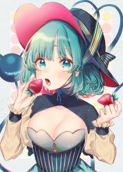 Rule 34 | 1girl, absurdres, black hat, breasts, cleavage, commentary request, food, fruit, green eyes, green hair, grey background, hands up, hat, highres, holding, holding food, holding fruit, huge filesize, koishi day, komeiji koishi, long sleeves, looking at viewer, medium breasts, mokokiyo (asaddr), open mouth, short hair, solo, strawberry, third eye, touhou, upper body