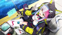 Rule 34 | 1girl, ahoge, blush, boots, breasts, bucket, candy, cleavage, desperado (re:d cherish), female focus, fingerless gloves, fishing, fishing rod, food, from above, game cg, gloves, hood, hooded jacket, hoodie, jacket, legs, lollipop, long hair, looking away, multicolored hair, open mouth, original, pero, re:d cherish, shorts, sitting, small breasts, solo, thighhighs, thighs, two-tone hair, water, yellow eyes