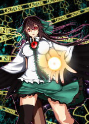 Rule 34 | 1girl, arm cannon, bow, breasts, cape, caution, caution tape, energy ball, female focus, hair bow, large breasts, nogisaka kushio, radiation symbol, red eyes, reiuji utsuho, shirt, skirt, solo, thighhighs, third eye, tight shirt, touhou, weapon, wings