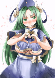 Rule 34 | 1girl, blush, breasts, capelet, embarrassed, green eyes, green hair, hat, heart, heart hands, large breasts, long hair, matching hair/eyes, mima (touhou), ribbon, skirt, solo, touhou, touhou (pc-98), underboob, yohane