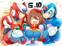 Rule 34 | 1girl, 2boys, android, beret, blonde hair, blue eyes, blush, breasts, brown hair, closed mouth, dated, gloves, green eyes, hair between eyes, hat, helmet, holding hands, iris (mega man), iroyopon, large breasts, long hair, mega man (series), mega man x4, mega man x (series), military hat, multiple boys, open mouth, red hat, smile, white gloves, x (mega man), zero (mega man)
