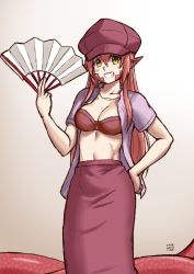 Rule 34 | 1girl, artist name, blush, breasts, casual, cleavage, cosplay, fang, fatal fury, fatal fury 2, finalcake, grin, hair between eyes, hand fan, hand on own hip, hat, holding, holding fan, jacket, jewelry, lamia, long hair, long skirt, looking at viewer, miia (monster musume), monster girl, monster musume no iru nichijou, necklace, pointy ears, red hair, scales, shiranui mai, shiranui mai (cosplay), short sleeves, sidelocks, simple background, sketch, skirt, slit pupils, smile, solo, tail, teeth, yellow eyes