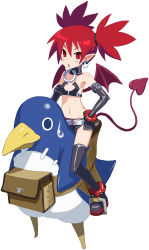 Rule 34 | 1girl, bat wings, bird, black gloves, black skirt, black thighhighs, choker, circle echime, demon girl, demon tail, disgaea, earrings, elbow gloves, etna (disgaea), fanny pack, gloves, highres, jewelry, looking at viewer, miniskirt, penguin, pointy ears, prinny, red eyes, red hair, short hair, sitting, sitting on person, skirt, skull earrings, slit pupils, spiked hair, sweatdrop, tail, thighhighs, twintails, white background, wings