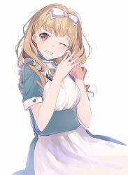 Rule 34 | 1girl, blonde hair, blush, bow, dress, fingers together, grin, hair bow, highres, jessica (jinrou judgment), jinrou judgment, long hair, neco (nhve3735), one eye closed, simple background, smile, solo, white background