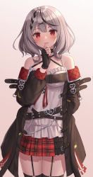 Rule 34 | 1girl, bare shoulders, belt, black belt, black gloves, black jacket, black thighhighs, braid, breasts, camisole, collarbone, cowboy shot, fingerless gloves, frilled camisole, frills, garter straps, gloves, hair ornament, heart, highres, hololive, jacket, looking at viewer, medium hair, miniskirt, multicolored hair, nail polish, open clothes, open jacket, parted lips, plaid, plaid skirt, red eyes, red nails, red skirt, sakamata chloe, seungju lee, silver hair, simple background, single braid, skirt, solo, streaked hair, thighhighs, thighs, virtual youtuber, white camisole, x hair ornament