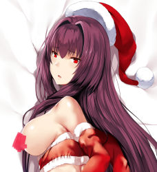 Rule 34 | 1girl, bare shoulders, bed sheet, blush, breasts, breasts out, censored, elbow gloves, eyebrows, fate/grand order, fate (series), from above, from behind, fur trim, gloves, hair intakes, hat, hews, highres, large breasts, long hair, looking back, purple hair, red eyes, red gloves, red hat, santa gloves, santa hat, scathach (fate), shiny skin, sideboob, solo, upper body, very long hair