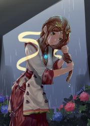 Rule 34 | 1girl, breasts, brown hair, chest jewel, fan la norne, flower, hakama, hakama skirt, hydrangea, japanese clothes, leaning forward, long hair, medium breasts, misu kasumi, nintendo, plant, pout, rain, skirt, solo, wet, wet clothes, wringing hair, xenoblade chronicles (series), xenoblade chronicles 2, xenoblade chronicles 2: torna - the golden country, yellow eyes