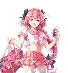 Rule 34 | 1boy, astolfo (fate), astolfo (sailor paladin) (fate), bad id, bad pixiv id, bag, bag charm, blouse, blush, braid, cellphone, charm (object), commentary request, cowboy shot, fang, fate/apocrypha, fate/grand order, fate (series), hair intakes, hair ribbon, headphones, holding, holding bag, long hair, looking at viewer, male focus, midriff, miniskirt, navel, official alternate costume, open mouth, phone, pink hair, pleated skirt, purple eyes, ribbon, school bag, school uniform, serafuku, shirt, simple background, single braid, skirt, smartphone, solo, thighhighs, trap, uchuu gorira, very long hair, white background, white shirt, white thighhighs