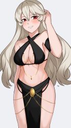 Rule 34 | 1girl, absurdres, adjusting hair, alternate costume, breasts, chain, cleavage, corrin (female) (fire emblem), corrin (fire emblem), fire emblem, fire emblem fates, gold chain, grey hair, highres, kgctcg, long hair, looking at viewer, medium breasts, meme attire, navel, nintendo, pelvic curtain, pointy ears, red eyes, smile, solo, teeth, white background, yomorio lingerie