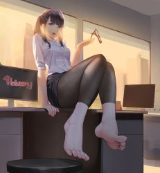 Rule 34 | 1girl, barefoot, black hair, brown eyes, desk, feet, glasses, hair ornament, hairclip, highres, long hair, looking at viewer, miniskirt, office, office lady, open mouth, skirt, soles, sunset, toes, twintails