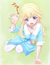 1girl blonde_hair blue_dress blue_eyes blush claw_pose commentary_request dress highres jewelry long_hair looking_at_viewer necklace nekoyashiki_yuki open_mouth pants precure sharp_teeth sitting solo teeth unno_hotaru white_pants wonderful_precure!