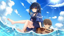 Rule 34 | 1boy, 1girl, afloat, arm support, arms at sides, bare legs, barefoot, black choker, black hair, black hairband, black shirt, black skirt, blue capelet, blush, bone hair ornament, breasts, brown eyes, brown hair, capelet, choker, closed mouth, commentary request, day, eyes visible through hair, feet, frilled capelet, frilled choker, frilled shirt, frills, full body, hair between eyes, hair ornament, hairband, highres, knees together feet apart, kushima kamome, large breasts, long hair, looking afar, looking at another, outdoors, shiny skin, shirt, short hair, sidelocks, sitting, skirt, skull and crossbones, skull hair ornament, smile, soaking feet, soles, solo focus, spiked hair, split mouth, straight hair, suitcase, summer pockets, sunlight, takahara hairi, tamba i, toes, very long hair, water, water drop, yellow eyes