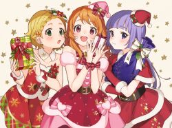 3girls :d :o aikatsu! aikatsu!_(series) bare_shoulders bell belt blonde_hair blush booota bow capelet christmas collar cowboy_shot detached_collar detached_sleeves dot_nose dress dress_bow elbow_gloves facing_ahead flower fur-trimmed_capelet fur-trimmed_dress fur_trim gift gloves green_eyes hair_bow hair_ornament hands_up hikami_sumire holding holding_gift light_smile looking_at_viewer multiple_girls open_mouth orange_hair ozora_akari pink_bow purple_eyes red_bow red_capelet red_dress red_eyes red_flower red_gloves santa_costume shinjo_hinaki short_hair sleeveless sleeveless_dress smile snowflake_print standing star_(symbol) star_hair_ornament starry_background strapless strapless_dress white_collar wrist_bow wrist_cuffs yellow_background