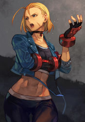 Rule 34 | 1girl, abs, antenna hair, armored gloves, black choker, black gloves, black pants, black sports bra, blonde hair, blue eyes, blue jacket, cammy white, capcom, choker, collarbone, facial scar, fingerless gloves, gloves, hungry clicker, jacket, lips, looking away, midriff, muscular, muscular female, open clothes, open jacket, open mouth, pants, pink lips, scar, scar on cheek, scar on face, short hair, sleeves rolled up, solo, sports bra, street fighter, street fighter 6, teeth, yoga pants