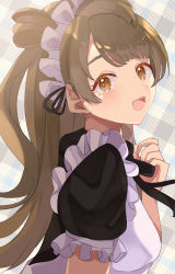 Rule 34 | 1girl, absurdres, apron, artist name, artist request, black bow, black bowtie, black dress, blush, bow, bowtie, breasts, brown eyes, brown hair, close-up, collared dress, dress, female focus, frilled apron, frilled dress, frilled shirt collar, frills, from behind, green bow, grey hair, hair bow, hair rings, highres, ioring studio, it&#039;s our miraculous time (love live!), light brown hair, long hair, looking at viewer, looking back, love live!, love live! school idol festival, love live! school idol festival all stars, love live! school idol project, maid, maid apron, maid headdress, medium breasts, minami kotori, nagisa iori, parted lips, plaid, plaid dress, pleated, pleated dress, ponytail, puffy short sleeves, puffy sleeves, short sleeves, side ponytail, sideboob, smile, solo, upper body, white apron, wing collar, yellow eyes