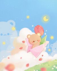 Rule 34 | :3, artist name, bear, blush, cloud, commentary, crescent moon, english commentary, flower, grass, highres, looking at viewer, moon, no humans, one eye closed, open mouth, original, paper airplane, petals, red flower, riding, shirley (chiai tea), sky, smile, solid circle eyes, sparkle, star (sky), star (symbol), starry sky, tulip, twitter username, watermark, white flower