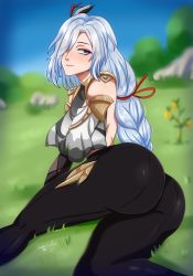 Rule 34 | 1girl, absurdres, ass, blue eyes, bodysuit, braid, breasts, genshin impact, hair ornament, hair over one eye, hair ribbon, highres, lady endsm, large breasts, long hair, looking at viewer, ribbon, shenhe (genshin impact), shiny clothes, shiny skin, sideboob, silver hair, smile, solo, thick thighs, thighs, very long hair