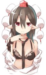 Rule 34 | 1girl, akagashi hagane, arm ribbon, bad id, bad pixiv id, bare shoulders, black hair, bra, clothes pull, hat, long sleeves, looking at viewer, nail polish, necktie, off shoulder, pointy ears, pom pom (clothes), red eyes, ribbon, shameimaru aya, shirt pull, short hair, simple background, solo, string, tokin hat, touhou, underwear, upper body, white background