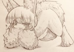 Rule 34 | 1other, :p, all fours, animal ear fluff, animal ears, body fur, completely nude, furry, highres, looking at viewer, made in abyss, mitsuba-sama (milkba-ng), monochrome, nanachi (made in abyss), nude, short hair, solo, tail, tongue, tongue out, traditional media