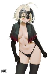 Rule 34 | 1girl, ahoge, black thighhighs, blush, breasts, carlo montie, collarbone, fate/grand order, fate (series), gloves, headpiece, jeanne d&#039;arc (fate), jeanne d&#039;arc alter (avenger) (fate), jeanne d&#039;arc alter (fate), large breasts, looking at viewer, navel, panties, short hair, simple background, solo, thighhighs, underwear, white background, yellow eyes