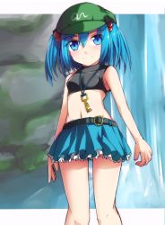 Rule 34 | 1girl, alternate costume, bare legs, bare shoulders, belt, blue eyes, blue hair, blush, breasts, cabbie hat, crop top, frilled skirt, frills, hair bobbles, hair ornament, hat, kawashiro nitori, key, looking at viewer, matching hair/eyes, midriff, miniskirt, moss, navel, rock, short hair, short twintails, skirt, sleeveless, small breasts, smile, solo, standing, tank top, touhou, twintails, two side up, uumaru1869, water, waterfall