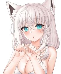 Rule 34 | 1girl, absurdres, animal ear fluff, animal ears, bikini, blush, braid, breasts, cleavage, commentary request, earrings, fox ears, fox girl, green eyes, hair between eyes, hayasaka (a865675167774), highres, hololive, jewelry, large breasts, long hair, looking at viewer, open mouth, paw pose, shirakami fubuki, sidelocks, simple background, single braid, solo, swimsuit, virtual youtuber, white background, white bikini, white hair