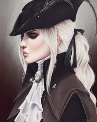 Rule 34 | 1girl, artist request, bloodborne, ascot, eyeshadow, hair ribbon, hat, highres, lady maria of the astral clocktower, makeup, orisoni, ponytail, ribbon, silver hair, solo, upper body