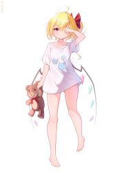 Rule 34 | 1girl, absurdres, bare shoulders, barefoot, blonde hair, crystal wings, flandre scarlet, full body, hand up, highres, kk snake, no pants, one eye covered, red eyes, red ribbon, ribbon, rubbing eyes, shirt, side ponytail, stuffed animal, stuffed toy, t-shirt, teddy bear, thighs, touhou, white shirt