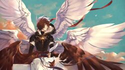 Rule 34 | 1boy, armor, artist name, belt, blue belt, blue sky, breastplate, brown hair, brown wings, cloud, cloudy sky, commentary, commentary request, cowboy shot, feathers, fingerless gloves, floating clothes, floating hair, gloves, gradient sky, granblue fantasy, hair between eyes, hood, hood down, looking to the side, male focus, messy hair, multiple wings, on railing, parted lips, railing, red eyes, red ribbon, ribbon, sandalphon (granblue fantasy), short hair, signature, sitting, sky, solo focus, sub nonino, turtleneck, white feathers, white wings, wind, wings