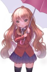 Rule 34 | 1girl, absurdres, aisaka taiga, bad id, bad pixiv id, black ribbon, black thighhighs, blazer, blue skirt, blush, brown eyes, brown hair, buttons, collared shirt, commentary, double-breasted, fang, hair between eyes, highres, holding, holding umbrella, jacket, long hair, long sleeves, looking at viewer, neck ribbon, oohashi high school uniform, open mouth, pink umbrella, red jacket, ribbon, school uniform, shirt, simple background, skin fang, skirt, solo, spoon kitty, thighhighs, toradora!, umbrella, very long hair, white background, white shirt, zettai ryouiki