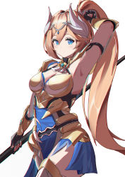 Rule 34 | 1girl, absurdres, armpits, bianka durandal ataegina, bianka durandal ataegina (dea anchora), blonde hair, blue eyes, chinese text, closed mouth, hair between eyes, hair ornament, highres, holding, holding polearm, holding spear, holding weapon, honkai (series), honkai impact 3rd, long hair, looking at viewer, polearm, ponytail, quintincy, simplified chinese text, solo, spear, weapon, white background