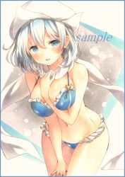Rule 34 | 1girl, arm between breasts, bad id, bad pixiv id, between breasts, bikini, blue bikini, blue border, blue eyes, blush, border, breasts, colored pencil (medium), frilled bikini, frills, gradient background, hand on own thigh, hat, leaning forward, letty whiterock, light smile, looking at viewer, lowleg, lowleg bikini, marker (medium), medium breasts, navel, parted lips, pin, potto, potto (minntochan), sample watermark, scarf, short hair, silver hair, solo, swimsuit, touhou, traditional media, watermark