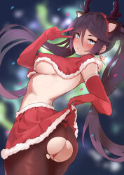 Rule 34 | 1girl, alternate costume, animal ears, antlers, ass, asymmetrical bangs, black hair, black pantyhose, blurry, blurry background, breasts, capelet, christmas, closed mouth, clothes lift, covered erect nipples, deer ears, earrings, elbow gloves, fake animal ears, fake antlers, from side, genshin impact, gloves, green eyes, hair between eyes, highres, horns, isetnation, jewelry, lifted by self, long hair, looking at viewer, looking to the side, medium breasts, mona (genshin impact), panties, panties under pantyhose, pantyhose, red capelet, red gloves, red panties, red skirt, reindeer antlers, skirt, skirt lift, smile, solo, star (symbol), star earrings, torn clothes, torn pantyhose, twintails, underboob, underwear, v