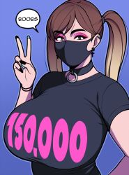 Rule 34 | 1girl, artist self-insert, black collar, black eyes, black nails, blonde hair, blue background, blue nails, breasts, brown hair, collar, commentary, cross, cross earrings, ear piercing, earrings, english commentary, eyeshadow, gradient hair, highres, huge breasts, jam-orbital, jewelry, makeup, mask, mouth mask, multicolored hair, multicolored nails, original, piercing, pink eyeshadow, solo, twintails, upper body, v, wristband