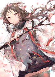 Rule 34 | 1girl, animal ears, arknights, artist name, blush, brown eyes, brown hair, commentary request, cowboy shot, dated, dress, eyjafjalla (arknights), grey dress, grey thighhighs, highres, holding, horns, long hair, long sleeves, looking at viewer, petals, sakusyo, sheep ears, sheep horns, short dress, signature, simple background, smile, solo, standing, thighhighs, white background, zettai ryouiki