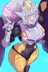 Rule 34 | 1girl, blush, breasts, decepticon, heart, highres, lightsource, looking at viewer, mecha, medium breasts, metal skin, navel, no humans, open mouth, robot, smile, solo, teeth, thighs, thunderblast, transformers, transformers cybertron, yellow eyes
