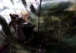Rule 34 | 00s, 1girl, ahoge, armor, armored dress, artoria pendragon (fate), battlefield, blonde hair, corpse, dress, excalibur morgan (fate), fate/stay night, fate (series), field of blades, fog, forest, grass, hair ribbon, hands on hilt, itachi (3dt), looking back, nature, polearm, ribbon, saber (fate), saber alter, solo, spear, sword, weapon, yellow eyes
