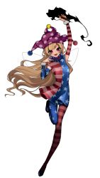 Rule 34 | 1girl, absurdres, american flag dress, american flag legwear, arm up, blonde hair, breasts, clownpiece, dress, fairy wings, floating hair, full body, hat, highres, holding, inoshin (inixia1748), jester cap, long hair, long sleeves, looking at viewer, neck ruff, no shoes, open mouth, pantyhose, polka dot, purple hat, red eyes, sharp teeth, simple background, small breasts, smile, solo, striped clothes, striped dress, teeth, torch, touhou, very long hair, white background, wings