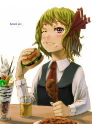 Rule 34 | 1girl, :i, bad id, bad pixiv id, blonde hair, burger, character name, chicken (food), drinking straw, eating, embodiment of scarlet devil, english text, face, female focus, food, food on face, fried chicken, fruit, kiwi (fruit), kurione (pixiv), kurione (zassou), one eye closed, pocky, red eyes, rumia, short hair, simple background, solo, strawberry, touhou, white background, wink