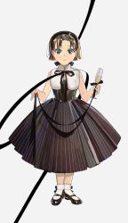 Rule 34 | 1girl, black dress, black footwear, black ribbon, blue eyes, champagne flute, cup, dress, drinking glass, highres, holding, holding cup, kuribulb, looking at viewer, original, parted lips, ribbon, shoes, simple background, sleeveless, sleeveless dress, socks, solo, white background, white socks