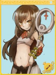 Rule 34 | 1girl, acheru maru, belt, black belt, blue background, blush, border, brown eyes, brown hair, card (medium), closed mouth, commentary request, cowboy shot, cross, flat chest, holding, holding staff, jewelry, long hair, looking at viewer, lowres, mvp, navel, necklace, pants, ragnarok online, sarashi, smile, solo, staff, sura (ragnarok online), toned, white pants, yellow border