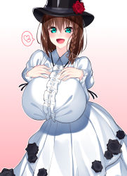 Rule 34 | 1girl, :d, absurdres, aqua eyes, blush, braid, breasts, brown hair, charlotte corday (fate), charlotte corday (third ascension) (fate), dress, fate/grand order, fate (series), gradient background, hair between eyes, hat, heart, highres, large breasts, looking at viewer, medium hair, open mouth, smile, solo, spoken heart, watosu (watosu mama), white dress