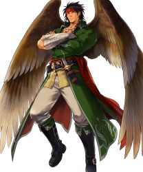 Rule 34 | 1boy, bandages, belt, boots, brown hair, crossed arms, dagger, earrings, feathered wings, feathers, fire emblem, fire emblem: path of radiance, fire emblem: radiant dawn, fire emblem heroes, full body, headband, highres, jewelry, knife, male focus, necklace, nintendo, official art, piercing, pointy ears, scar, solo, suekane kumiko, tibarn, transparent background, weapon, wings