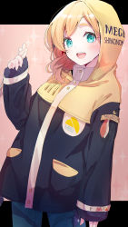 Rule 34 | 1girl, black jacket, blonde hair, blue pants, character name, clothes writing, eyebrows hidden by hair, green eyes, hand up, harohapi! shinonome megu-chan no oheya, highres, hood, hood up, hooded jacket, jacket, letterboxed, long hair, long sleeves, looking at viewer, pants, shinonome megu, sleeves past wrists, solo, sparkle background, standing, thick eyebrows, tomozero, virtual youtuber