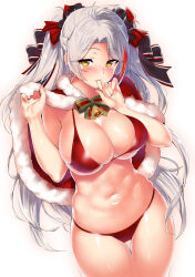Rule 34 | 1girl, antenna hair, azur lane, bell, bikini, blush, bow, breasts, brown eyes, capelet, christmas, cleavage, commentary request, fur-trimmed capelet, fur trim, groin, hair bow, hair ribbon, hand up, highres, kawai (purplrpouni), large breasts, long hair, looking at viewer, multicolored hair, navel, prinz eugen (azur lane), red bikini, red capelet, red hair, ribbon, santa bikini, shiny skin, skindentation, smile, solo, stomach, streaked hair, swept bangs, swimsuit, thigh gap, thighs, two side up, very long hair, white background, white hair