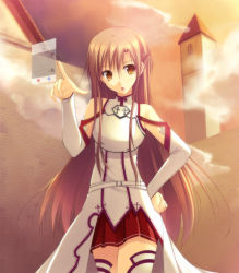 Rule 34 | 10s, 1girl, :o, armor, asuna (sao), bare shoulders, breastplate, brown eyes, brown hair, detached sleeves, hand on own hip, long hair, open mouth, outdoors, pleated skirt, skirt, solo, standing, sword art online, takepon, thighhighs, white thighhighs